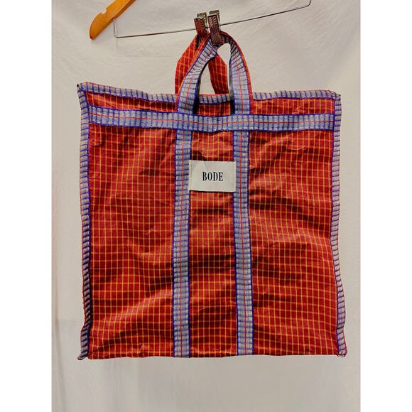 Bode Red & Blue Plaid Checkered Market Nylon Tote Bag - Picture 3 of 5